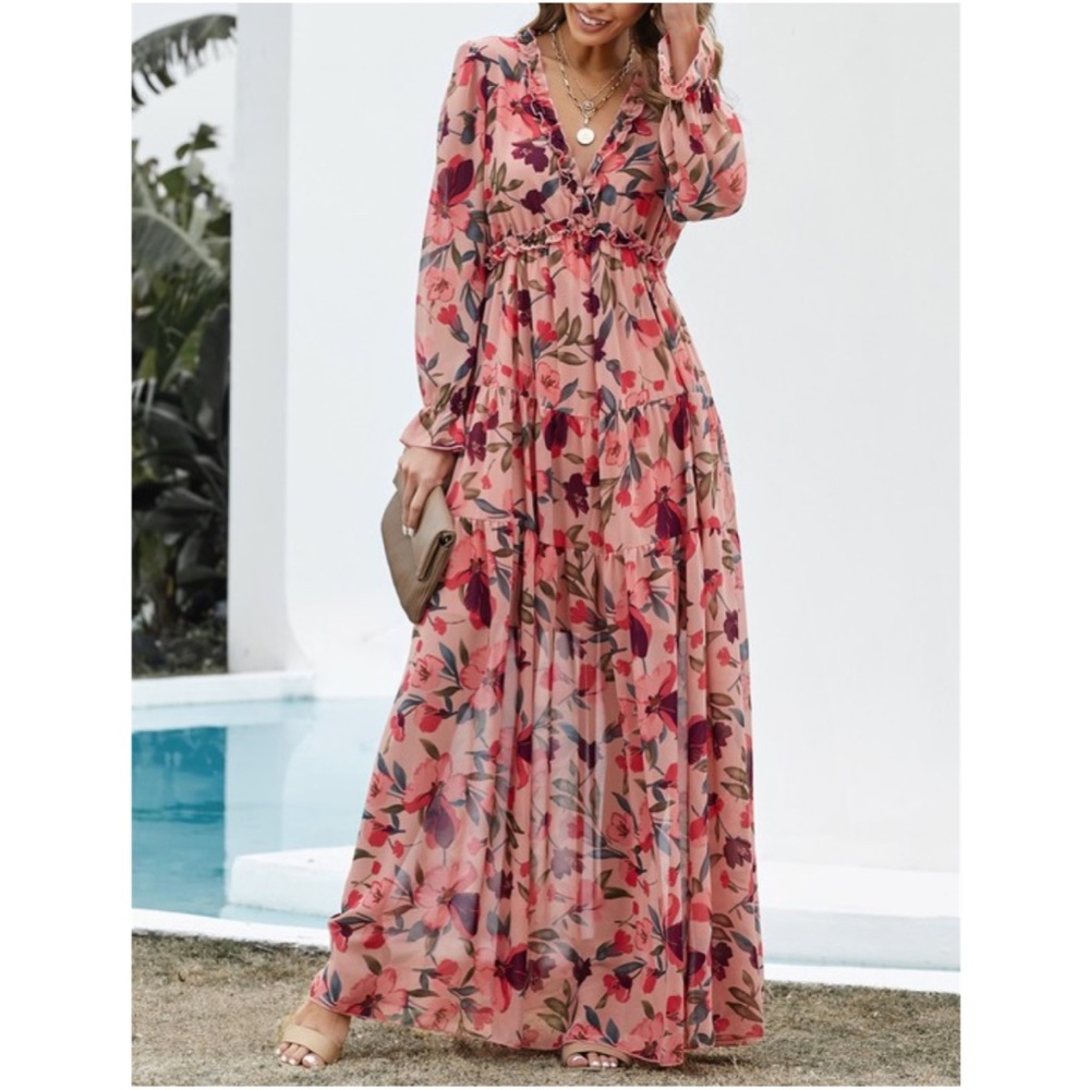 Bohemian Pink Floral Print V neck Tiered Maxi Dress